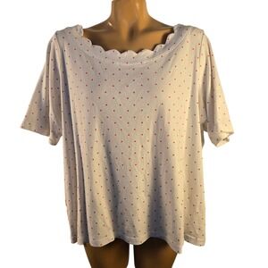 Kim Rogers XXL White Red Polka Dot Top Perfectly Soft Cotton Scalloped‎ Neckline